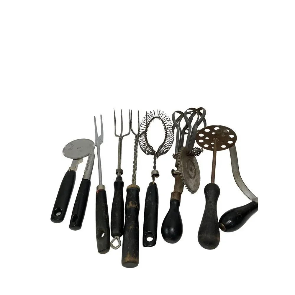 Lot of 9 Vintage Black Kitchen Utensils Forks Beater Masher Peeler‎ Handle Rusty